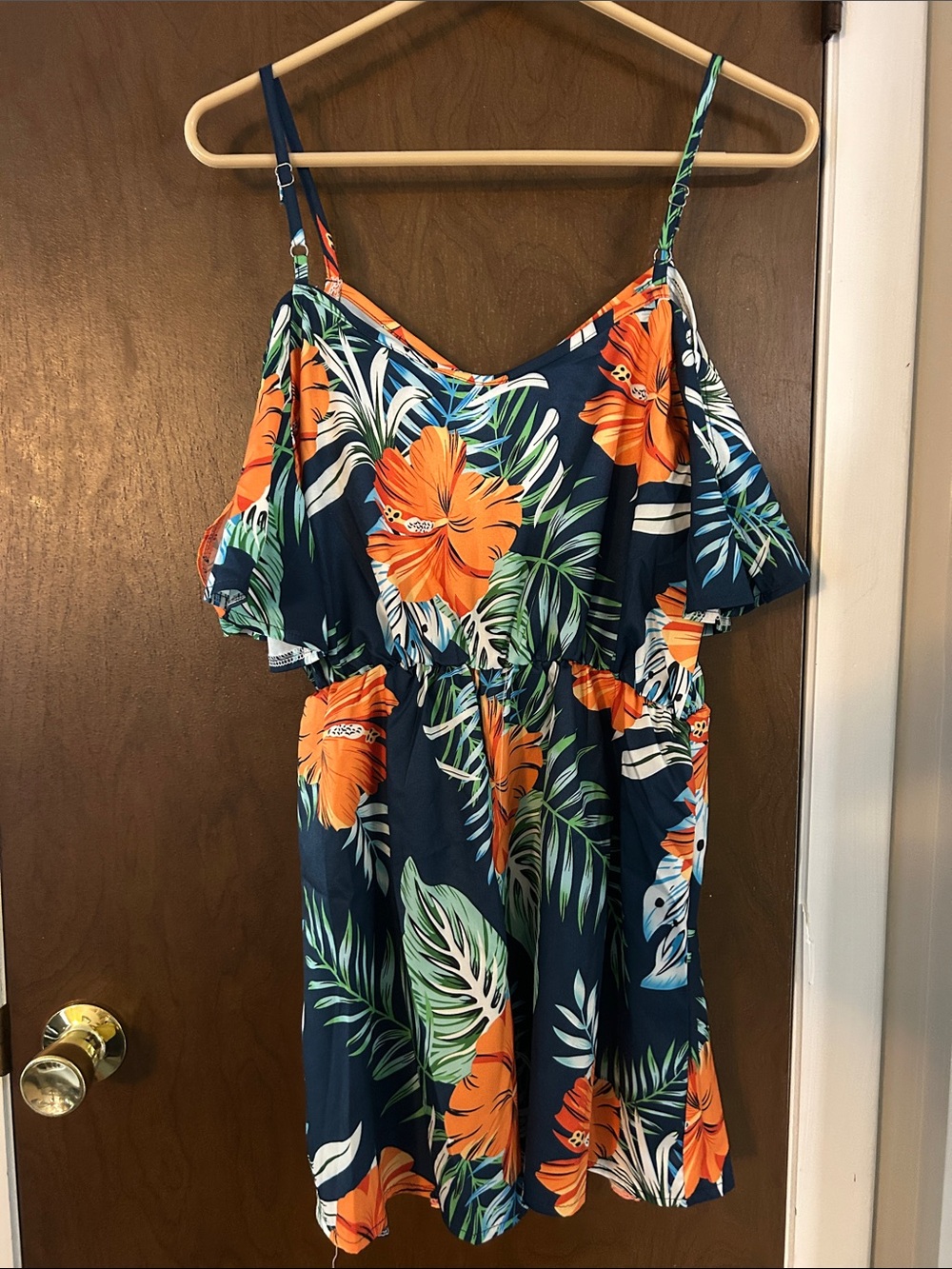 Women's Tropical Off-Shoulder Romper - Navy & Orange